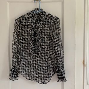 Equipment Black & White Houndstooth Blouse with Ruffle Detail
